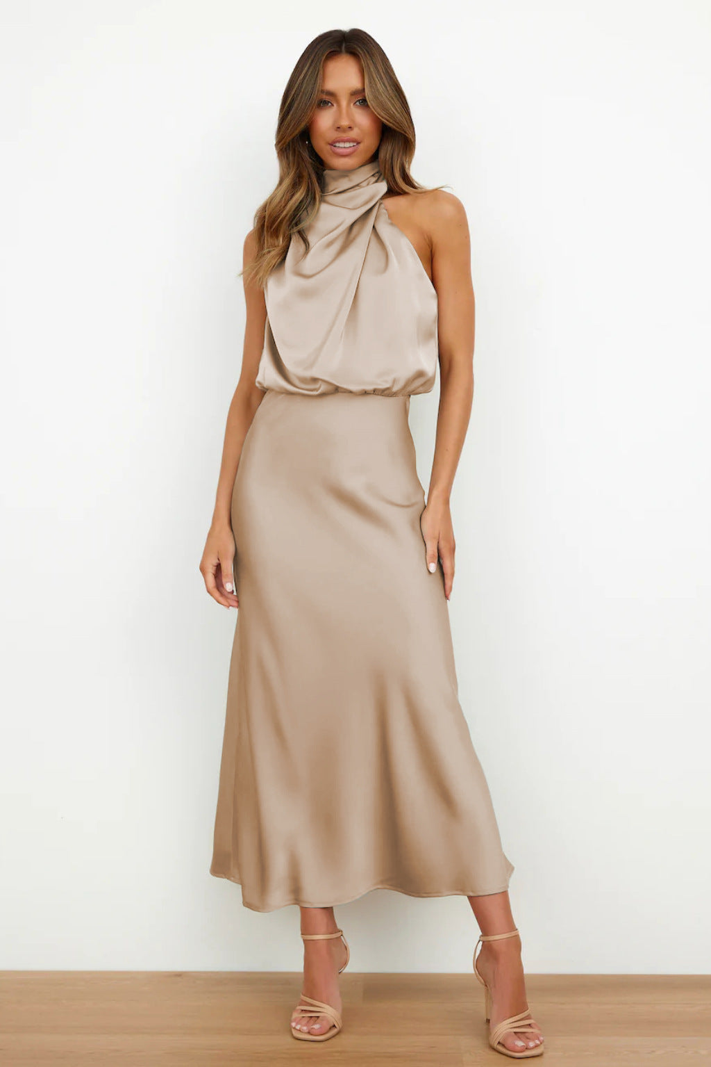 Robe Maxi Femme Satin Drapé Coupe Fluide Soirée