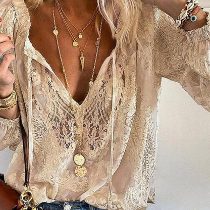 Blouse Dentelle Élégante avec Nœud Raffiné