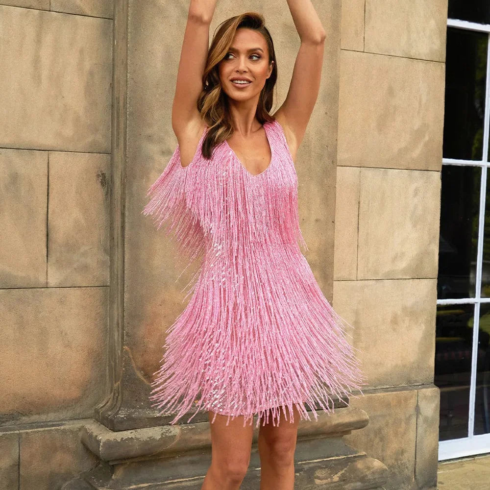 Robe de Cocktail Courte à Paillettes et Franges Féminine