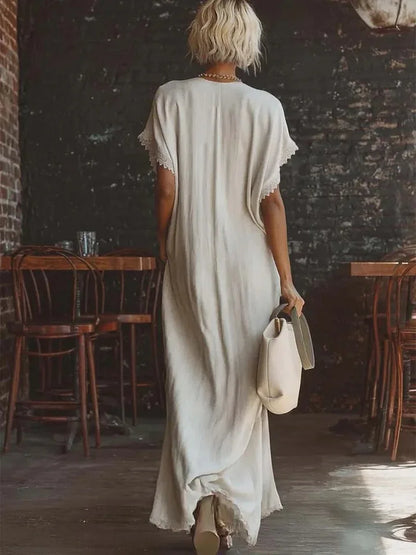 Robe longue Femme Fluide Col en V Finitions Dentelle