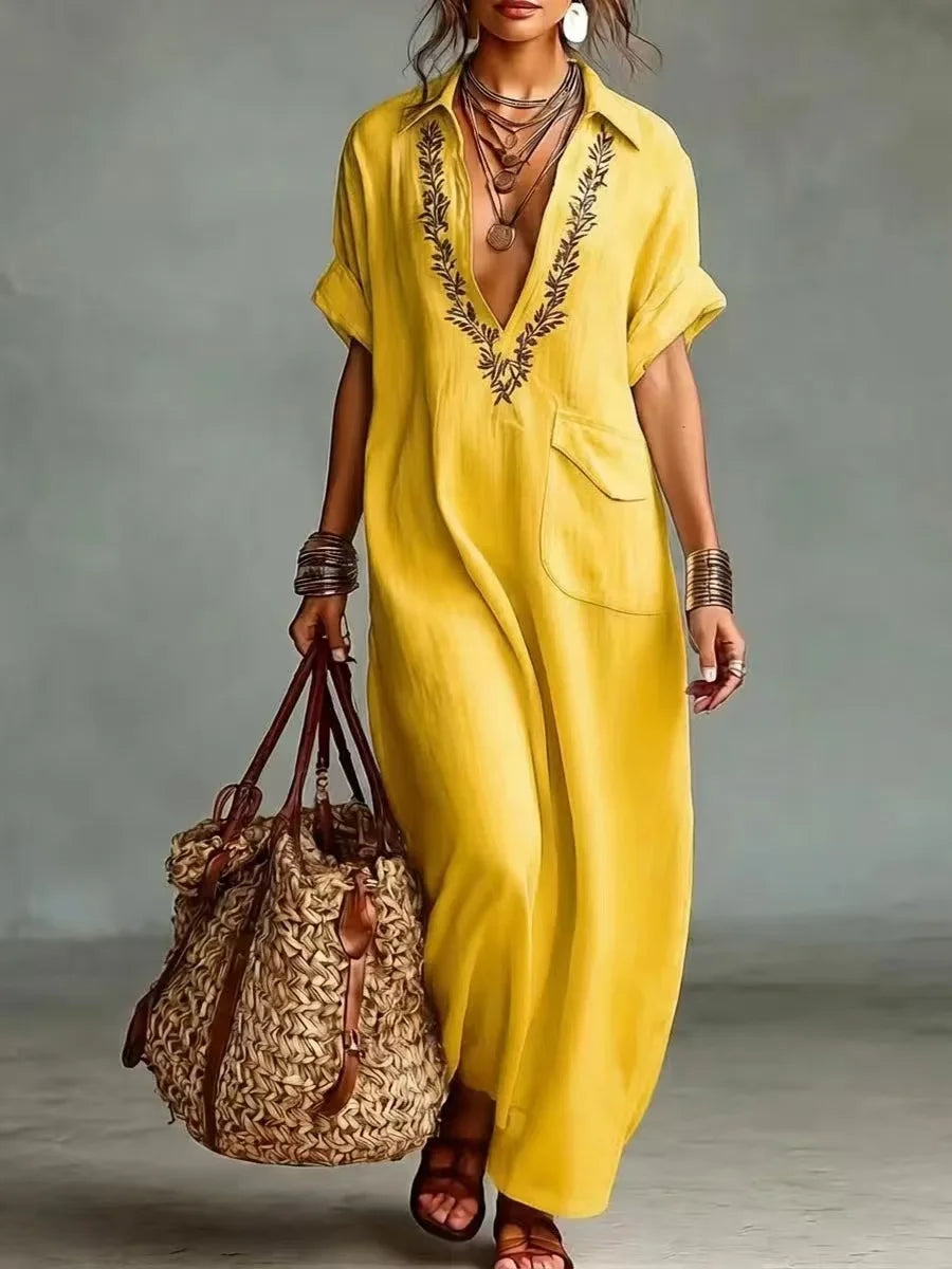 Robe Kaftan Femme Broderie Col en V Coupe Ample