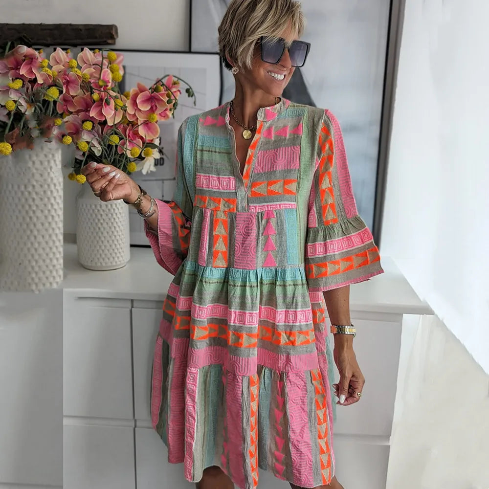 Robe Courte Femme Coton Imprimé Manches Volantes Style Bohème - PanierRoyale