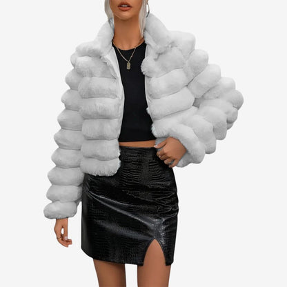 Veste En Simili Fourrure Chic avec Col Montant et Manches Longues