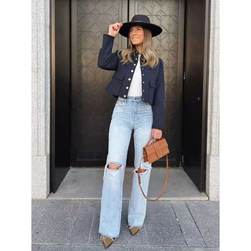 Veste femme décontractée courte boutonnée