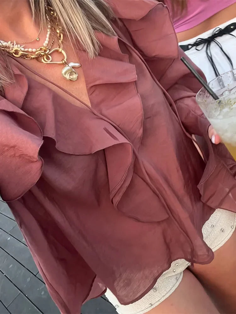 Blouse en Soie Transparente Brun Femelle Élégante