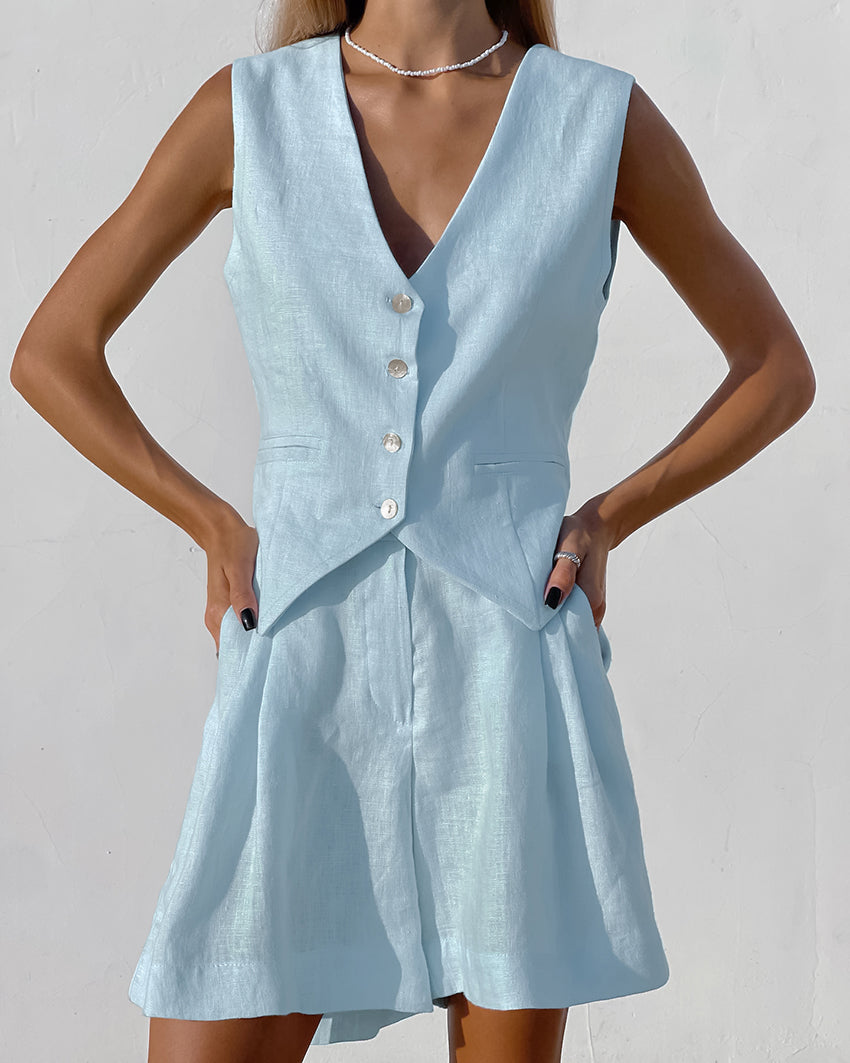 Ensemble Femme Coton Lin Gilet Boutonné Short Assorti - PanierRoyale