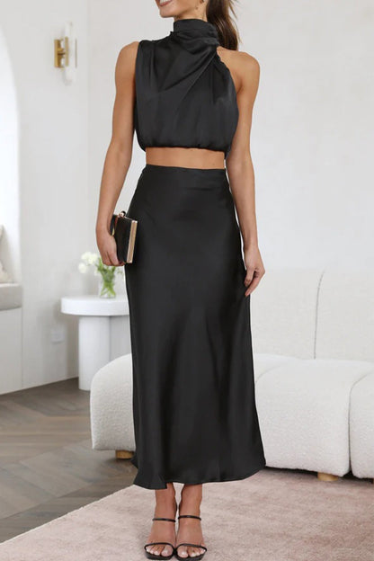 Robe Soirée Sans Manches en Satin Beige Féminine