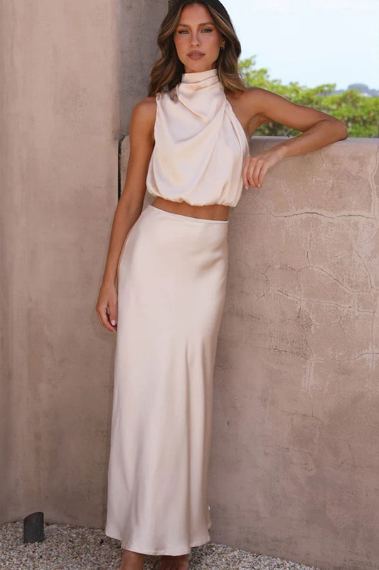 Robe Soirée Sans Manches en Satin Beige Féminine - PanierRoyale