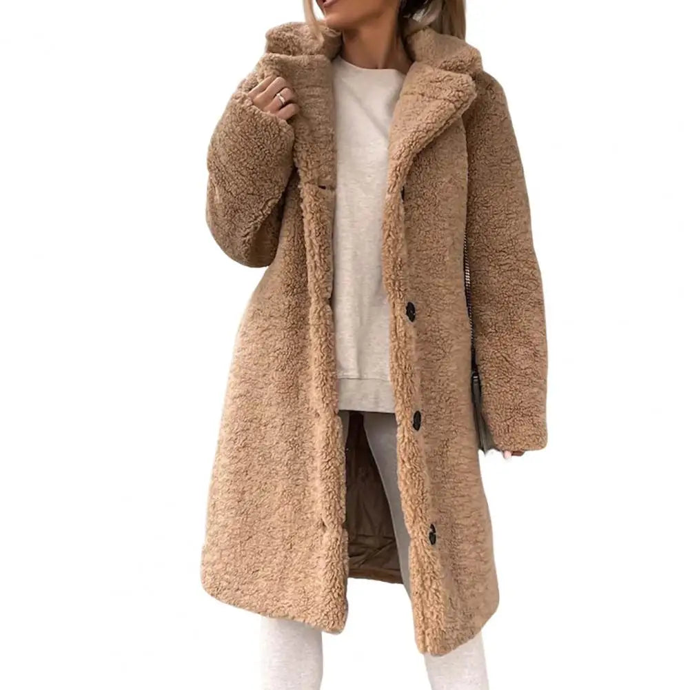 Manteau Femme Pelucheux Mi-Long Hiver Chaud avec Fermeture Boutons