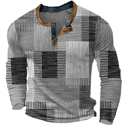 T-shirt Homme Coton Col Henley Manches Longues Coupe Patchwork