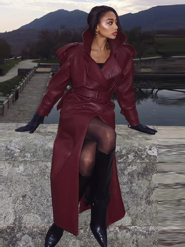 Manteau Leder Femme Long Élégant Hiver