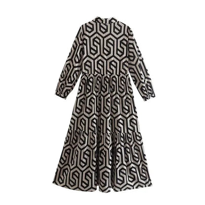 Viélia™ – Robe Longue Femme Élégante à Manches Longues Design Géométrique-5