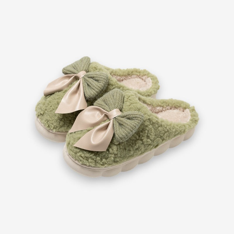 Chaussons Peluche Confortables à Bout Rond avec Nœud Décoratif