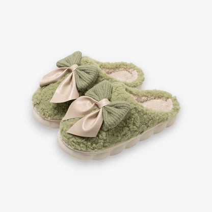 Chaussons Peluche Confortables à Bout Rond avec Nœud Décoratif