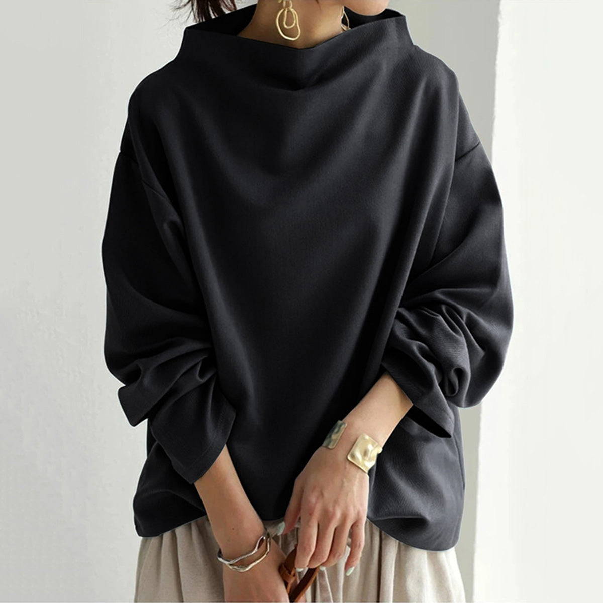 Blouse Femme Manches Longues Col Rond Noir Élégante
