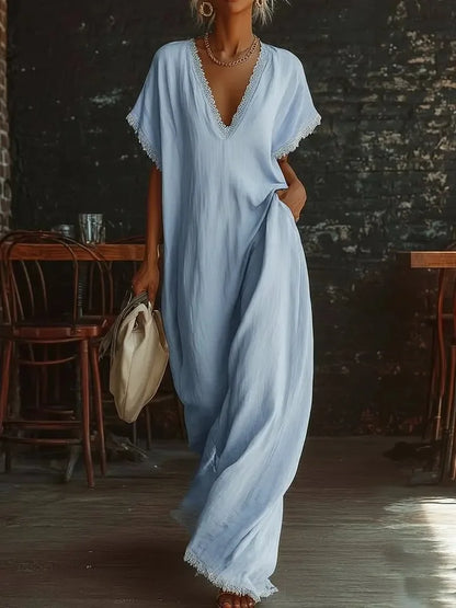 Robe longue Femme Fluide Col en V Finitions Dentelle