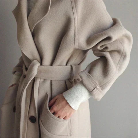 Manteau Long Femme Laine Mélangée Ceinturé Coupe Ajustée - PanierRoyale