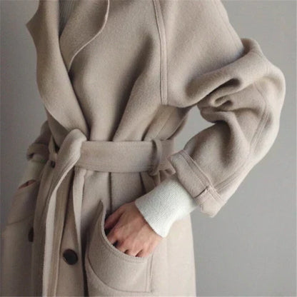 Manteau Long Femme Laine Mélangée Ceinturé Coupe Ajustée - PanierRoyale
