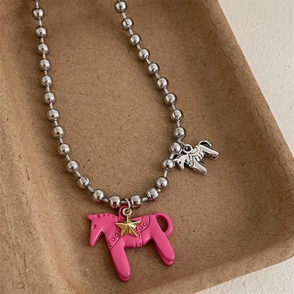 Collier Femme Perles Argentées Pendentif Cheval Classique