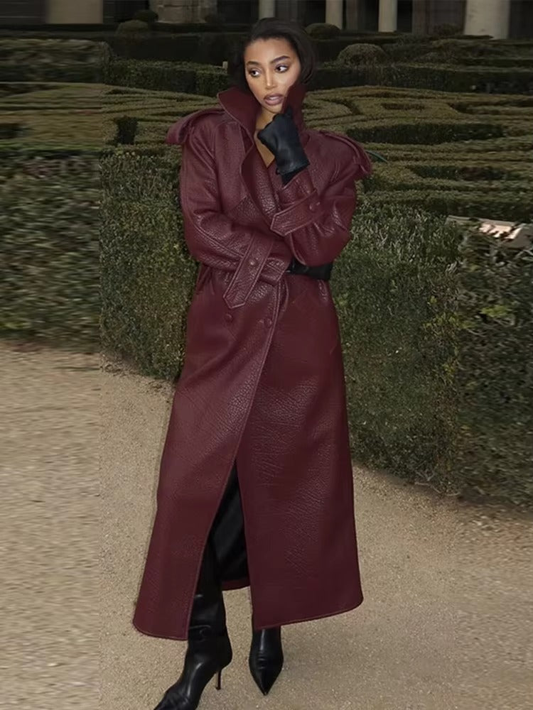 Manteau Leder Femme Long Élégant Hiver