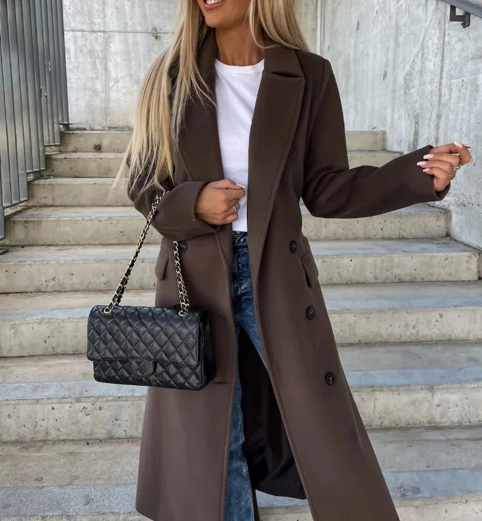 Manteau long Femme Laine mélangée Ceinturé Coupe ajustée