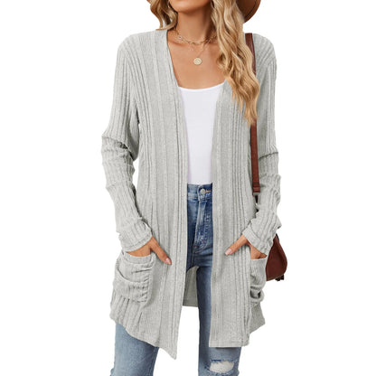 Cardigan Féminin Détendu avec Poches et Manches Longues