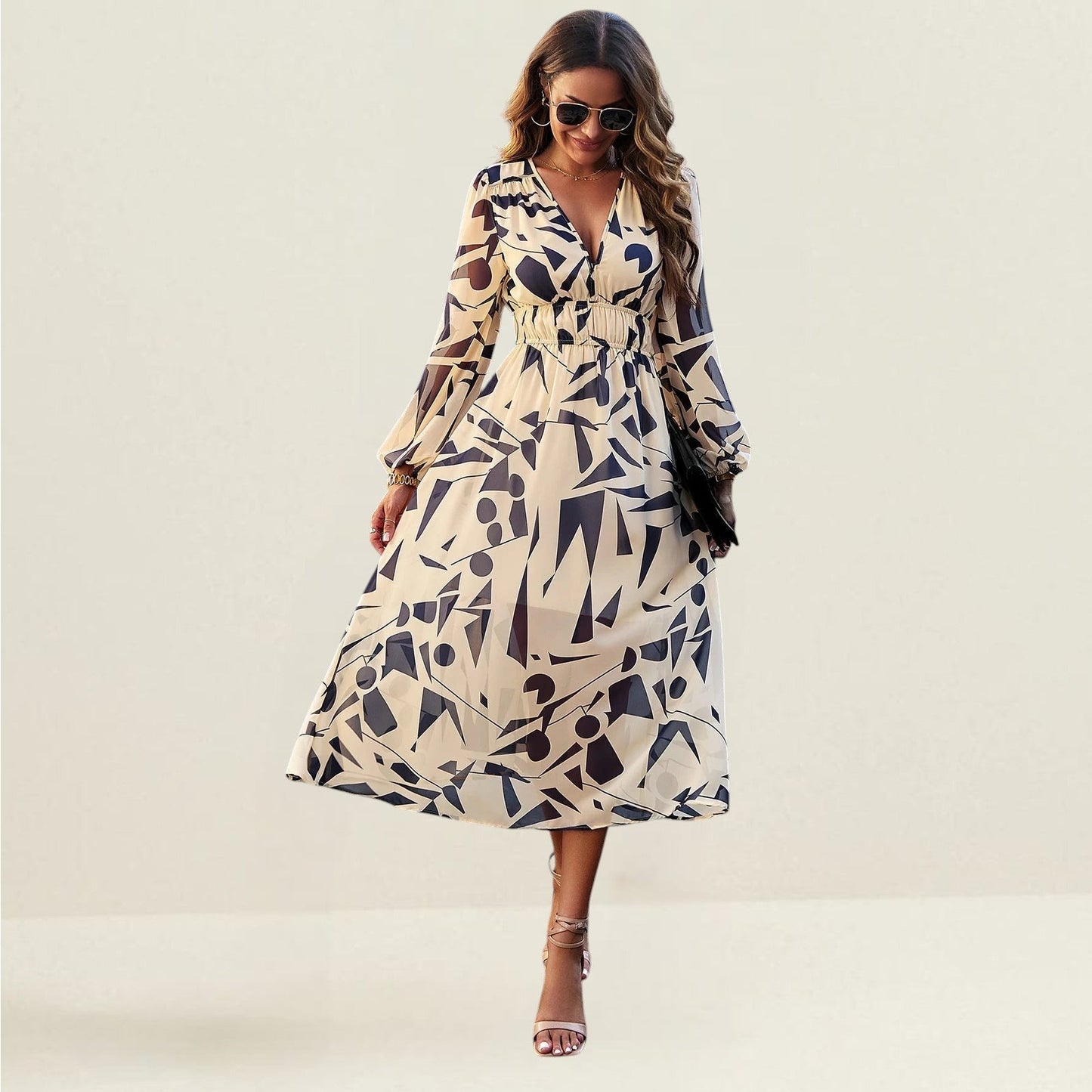 Robe Femme Longue Élégante en Soie Polyester Manches Longues