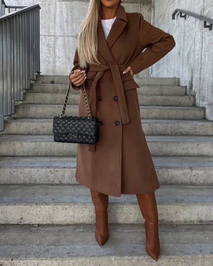 Manteau long Femme Laine mélangée Ceinturé Coupe ajustée