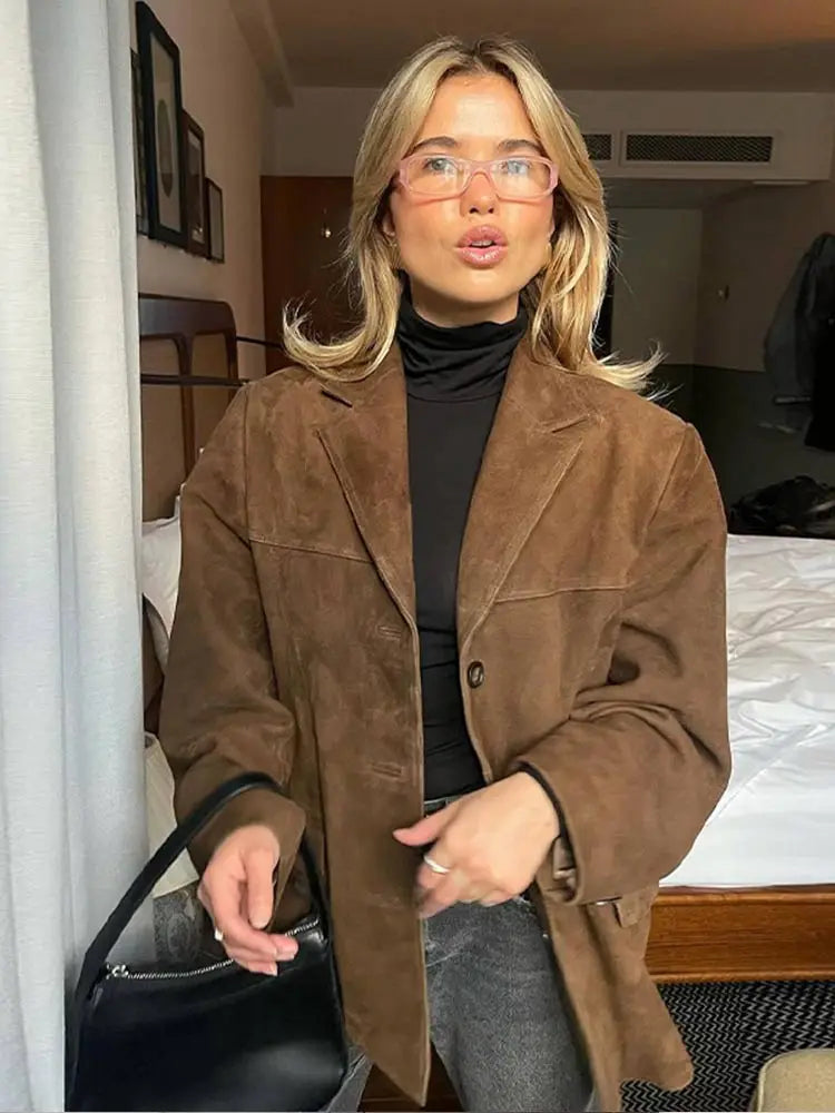 Veste en cuir femme classique marron avec boutons