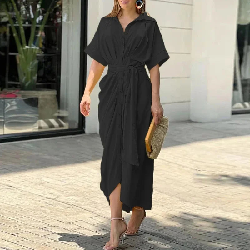 Robe midi Femme Ceinturée Col Chemise Manches Courtes