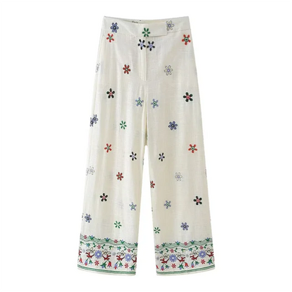 Pantalon femme droit imprimé fleurs décontracté
