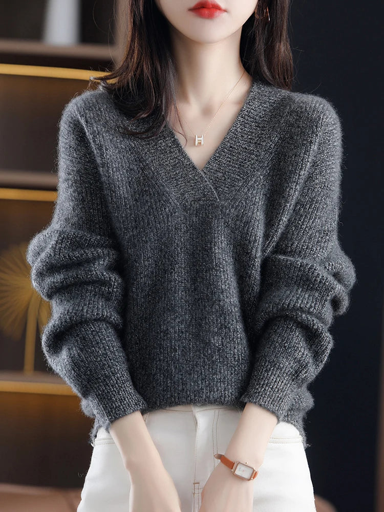 Pull Cachemire Femme Col V Chaud et Élégant Hiver