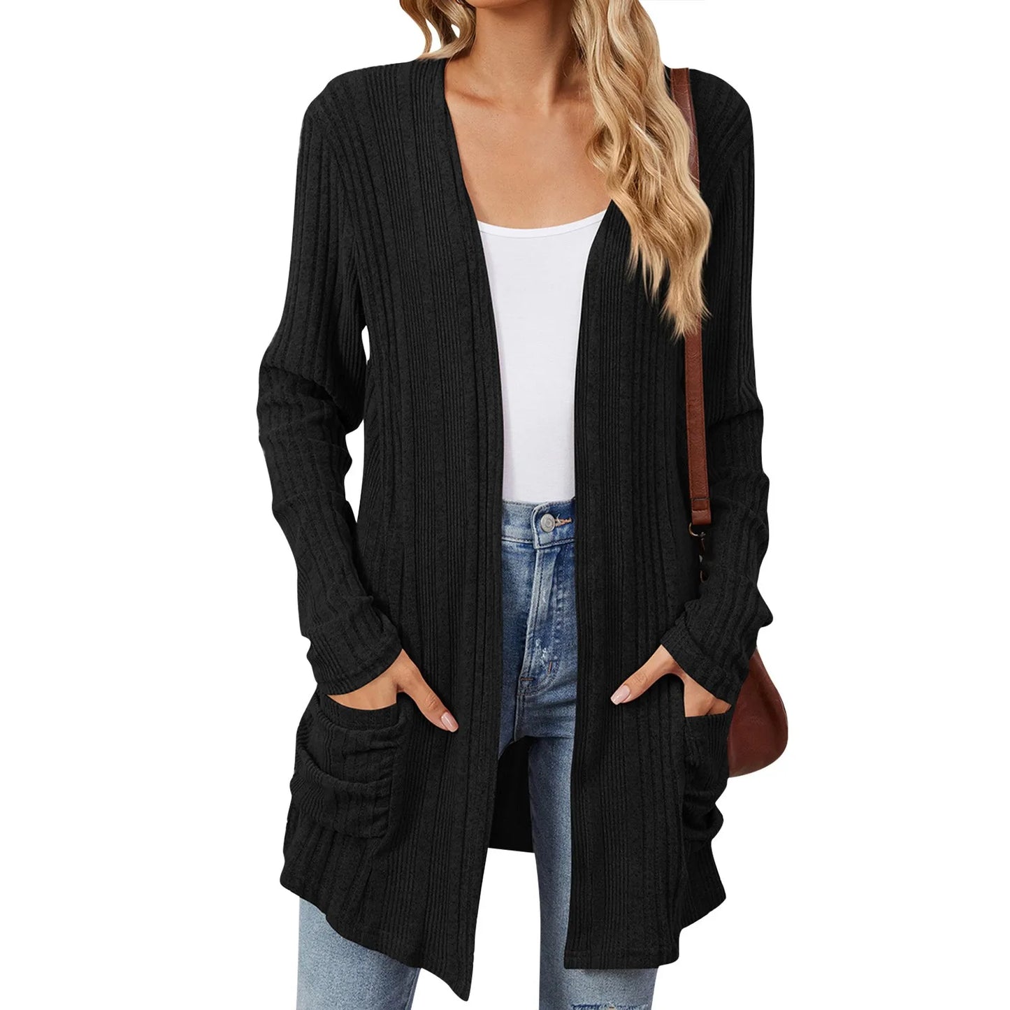 Cardigan Féminin Détendu avec Poches et Manches Longues