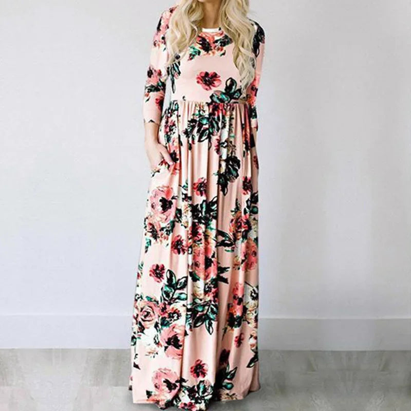 Robe Longue Bohème à Manches avec Imprimé Floral