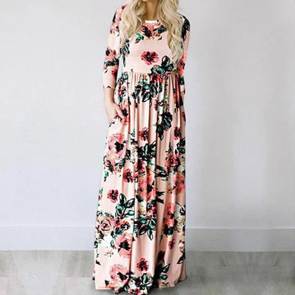 Robe Longue Bohème à Manches avec Imprimé Floral