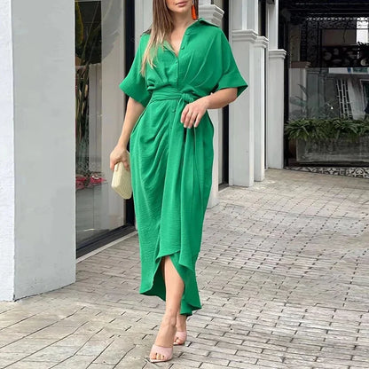 Robe midi Femme Ceinturée Col Chemise Manches Courtes