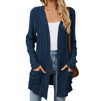Cardigan Féminin Détendu avec Poches et Manches Longues