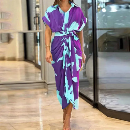 Robe midi Femme Ceinturée Col Chemise Manches Courtes