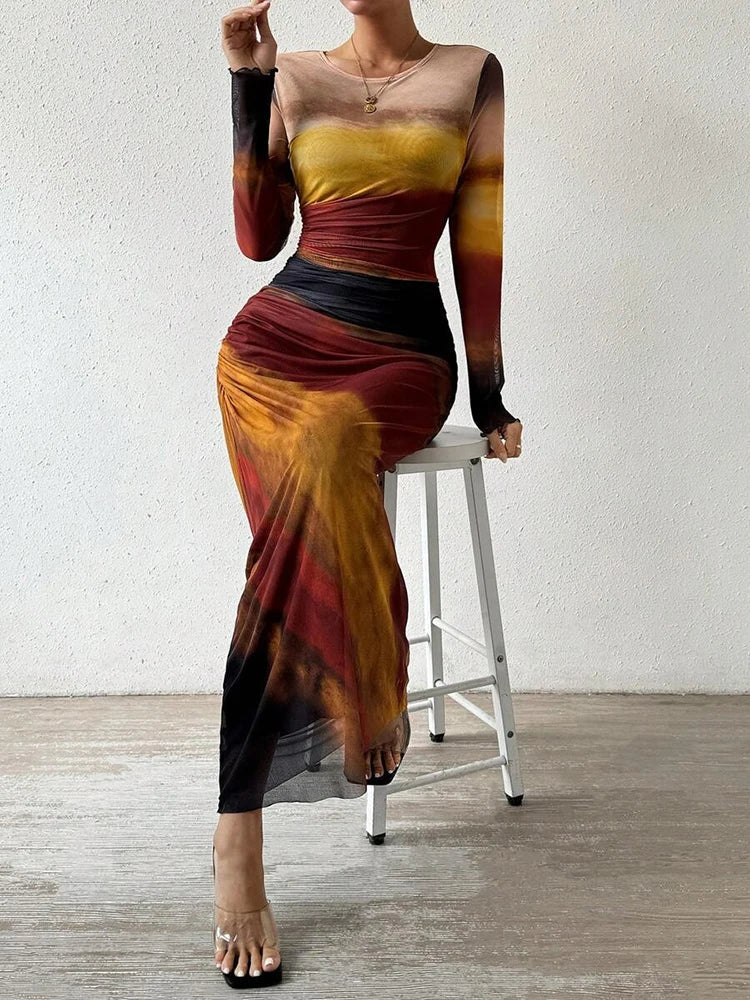 Robe Maxi Femme Coupe Ajustée Col Rond Imprimée