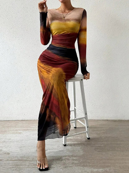Robe Maxi Femme Coupe Ajustée Col Rond Imprimée