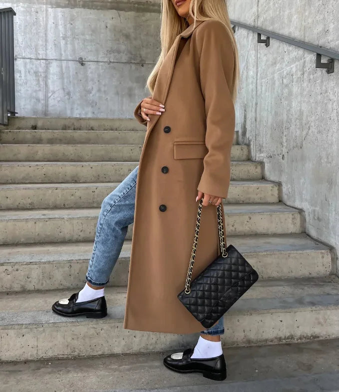 Manteau long Femme Laine mélangée Ceinturé Coupe ajustée