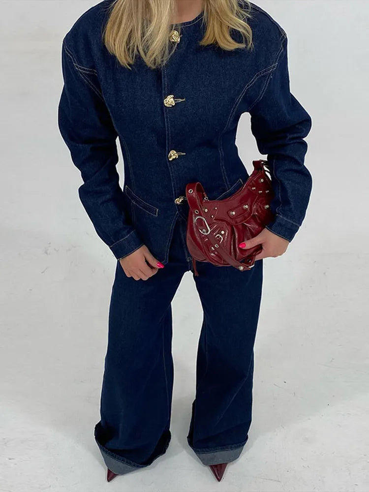 Veste et pantalon jeans femme élégant taille haute
