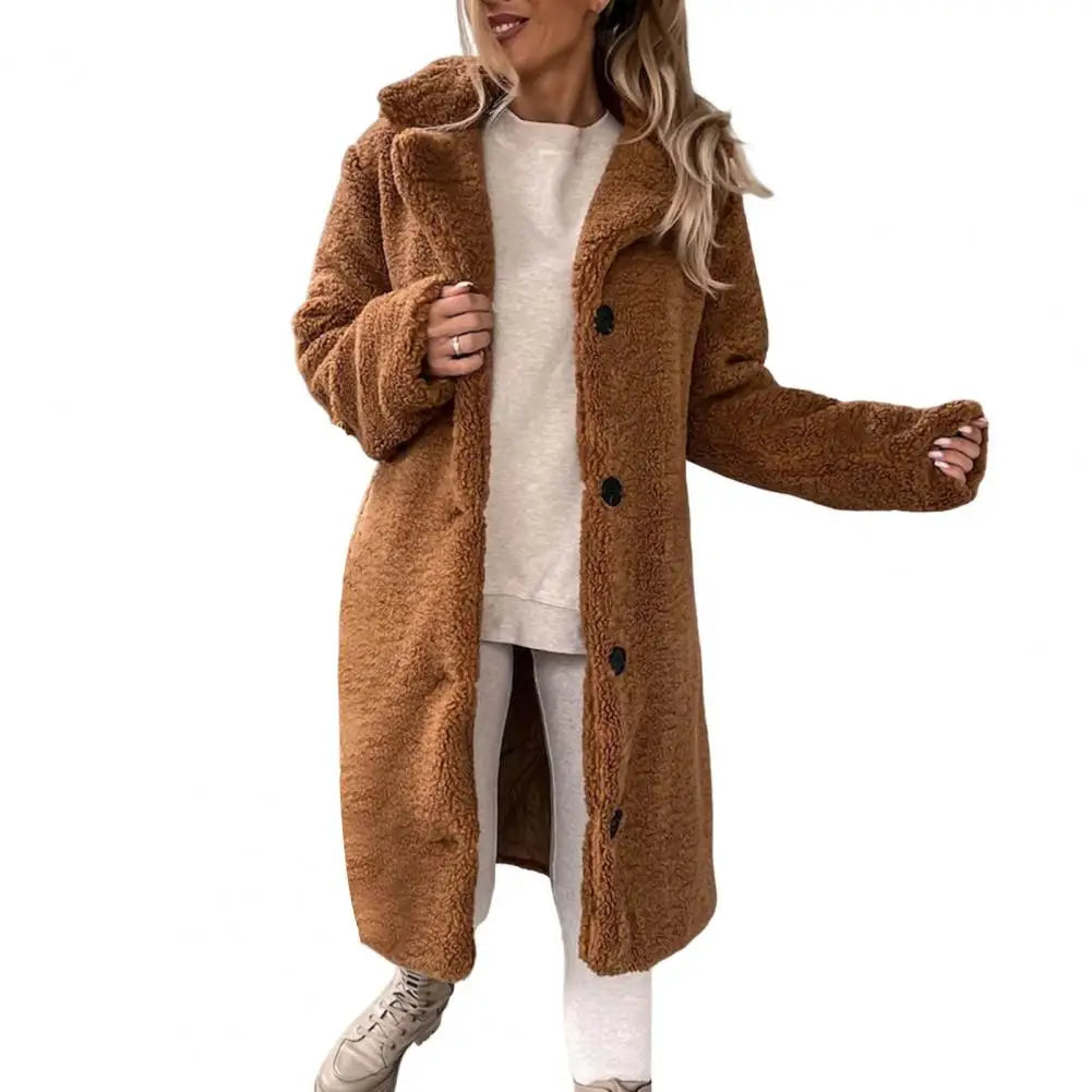 Manteau Femme Pelucheux Mi-Long Hiver Chaud avec Fermeture Boutons - PanierRoyale