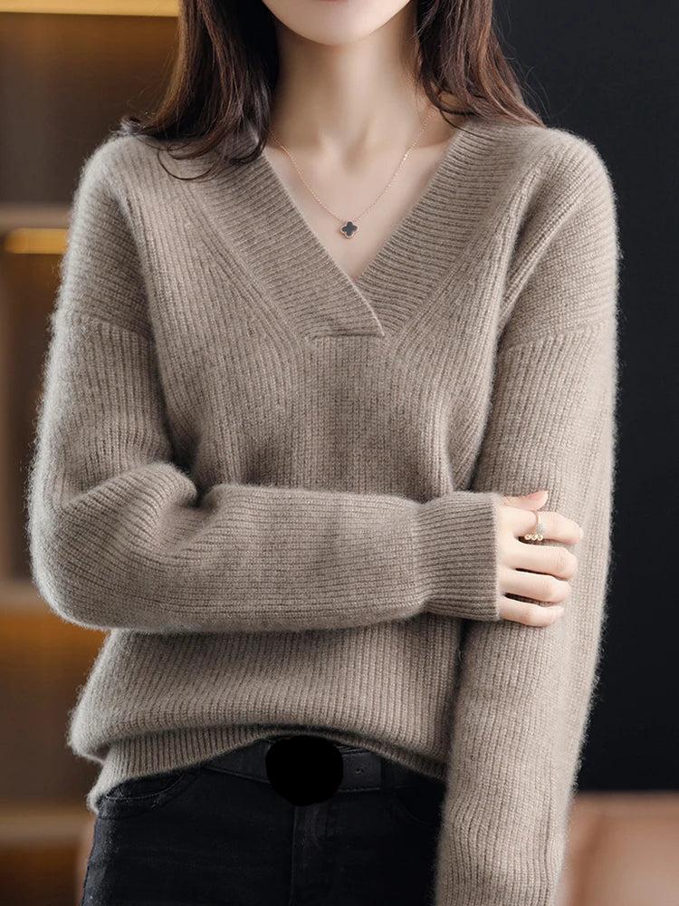 Pull Cachemire Femme Col V Chaud et Élégant Hiver