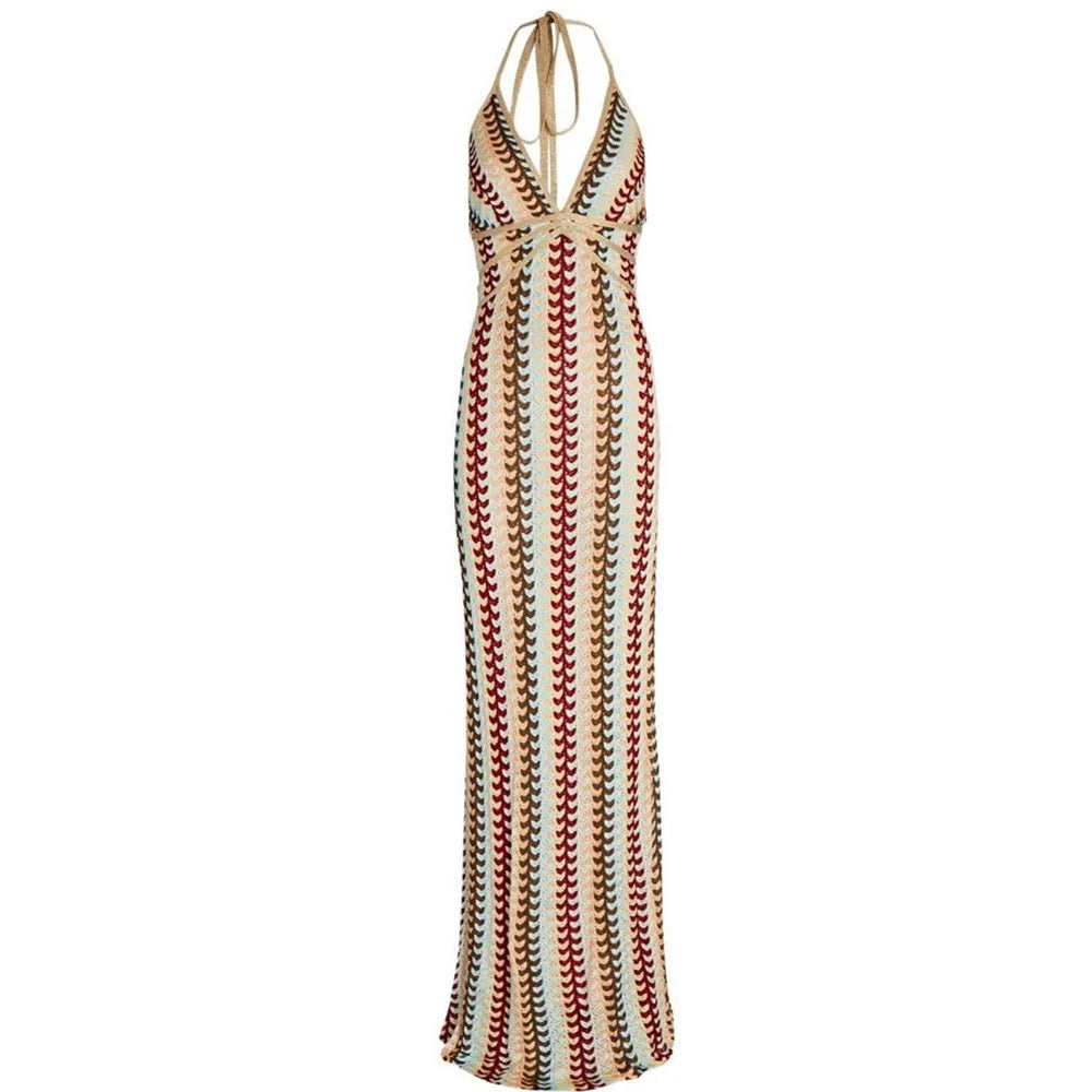 Robe Boho Maxi à Carreaux Rétro avec Col En V et Dos Nu