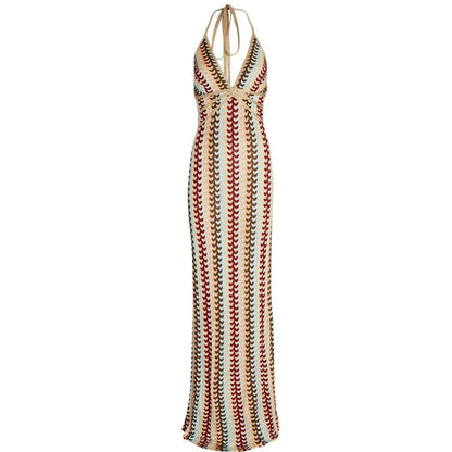 Robe Boho Maxi à Carreaux Rétro avec Col En V et Dos Nu