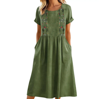 Robe midi Femme Broderie Poches Coupe Aline