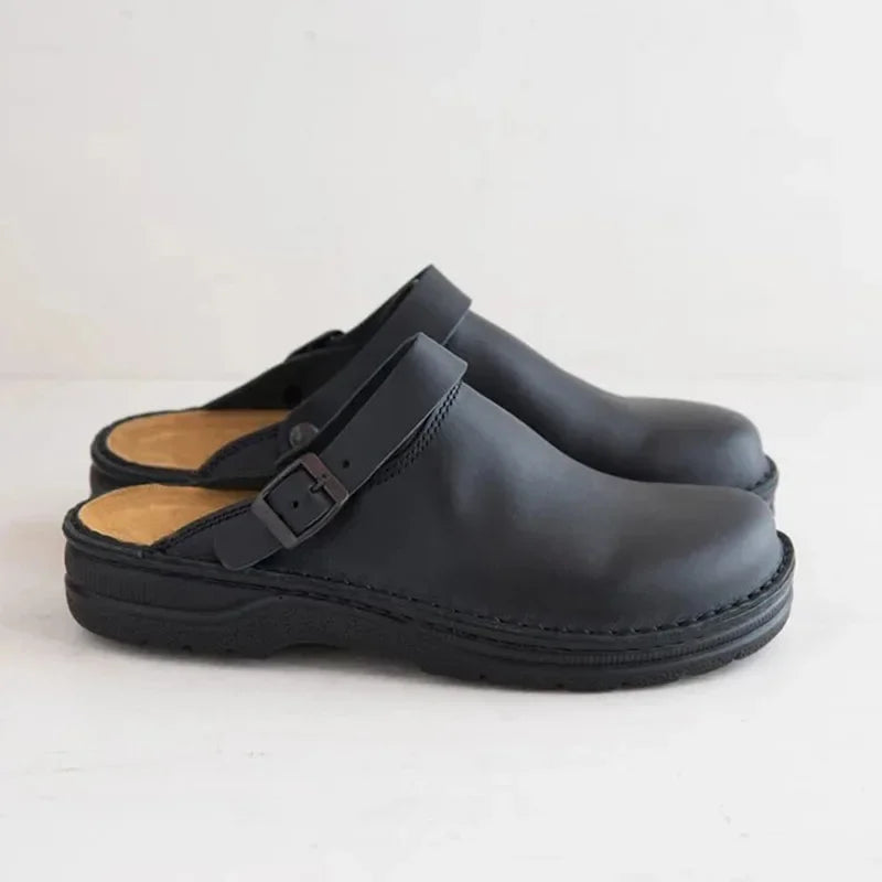 Mules Homme Cuir Vieilli Bout Fermé Bride Boucle Semelle Epaisse