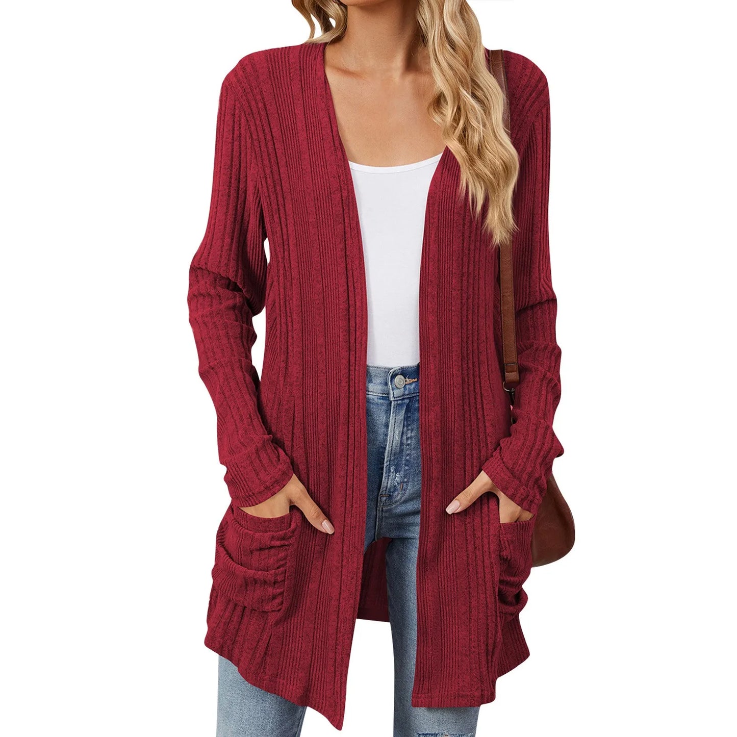 Cardigan Féminin Détendu avec Poches et Manches Longues
