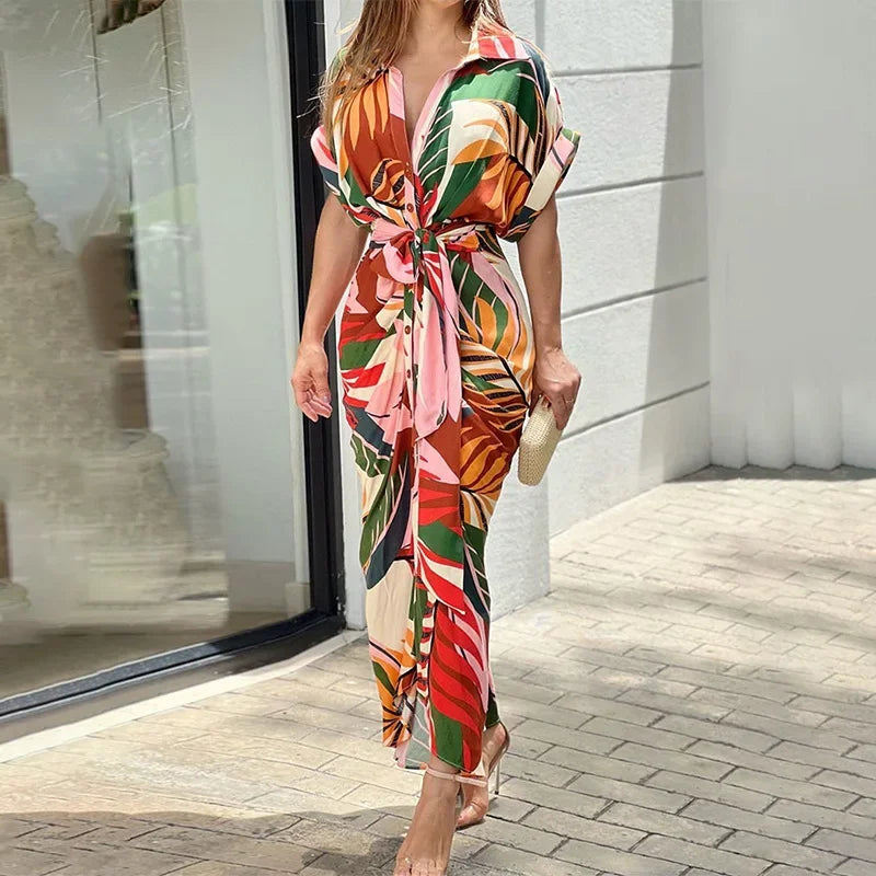 Robe midi Femme Ceinturée Col Chemise Manches Courtes
